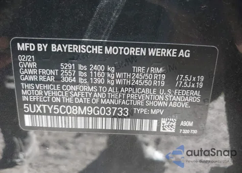 2021 BMW X3 xDrive30I из США, поврежденный, VIN 5UXTY5C08M9G03733